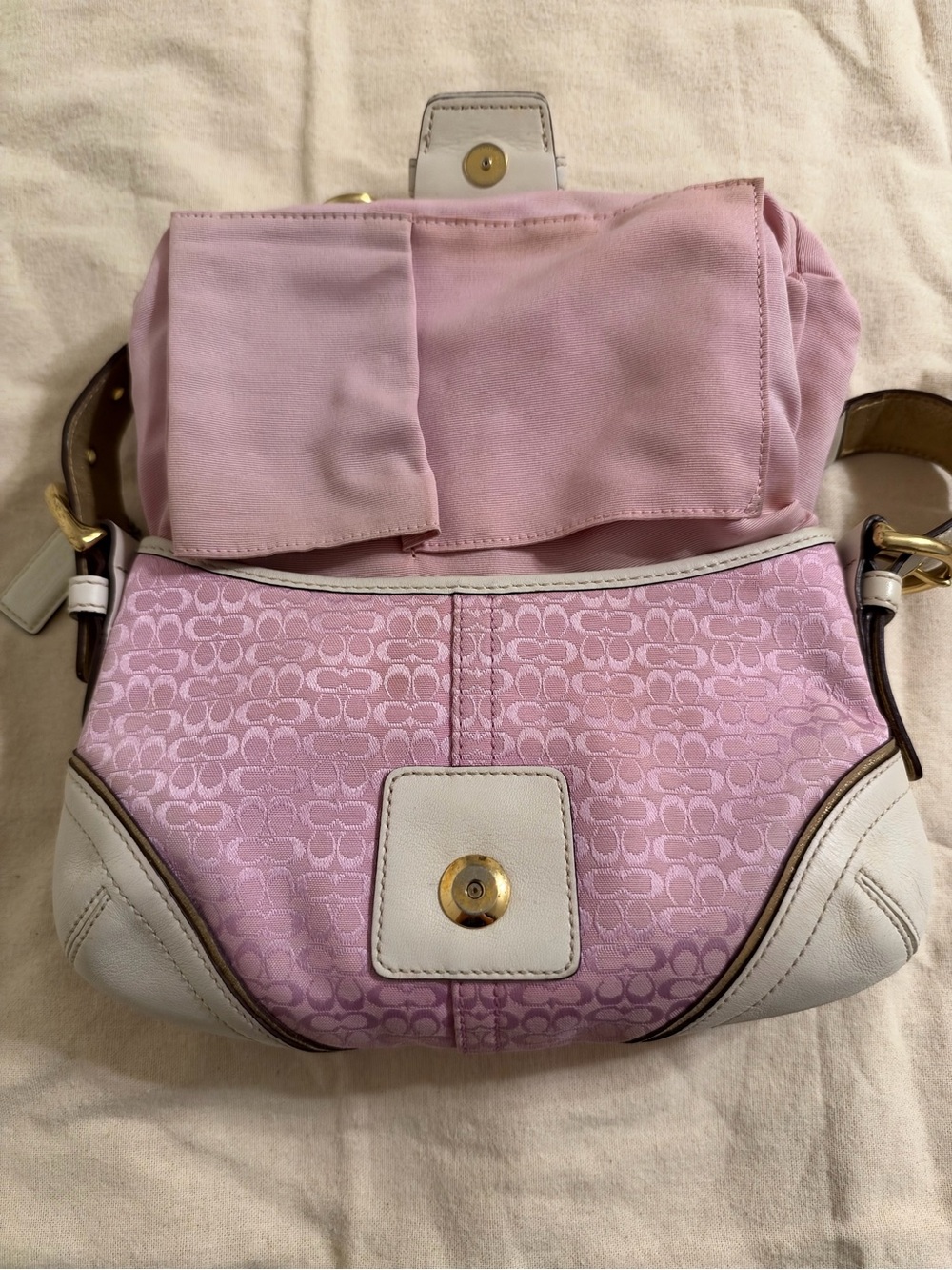 Vintage Coach Pink Signature Jacquard Shoulder Bag Purse – Ivory Leather Trim - Picture 7 of 9